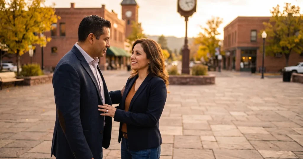 A man and woman pause for a heartfelt conversation in downtown Flagstaff, AZ, reflecting the careful assessment of bipolar versus unipolar depression before starting ketamine treatment.