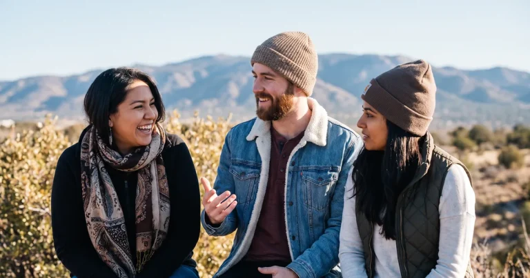 Three friends laugh together on a high desert overlook, embracing life more freely after rTMS for OCD near Flagstaff, AZ.