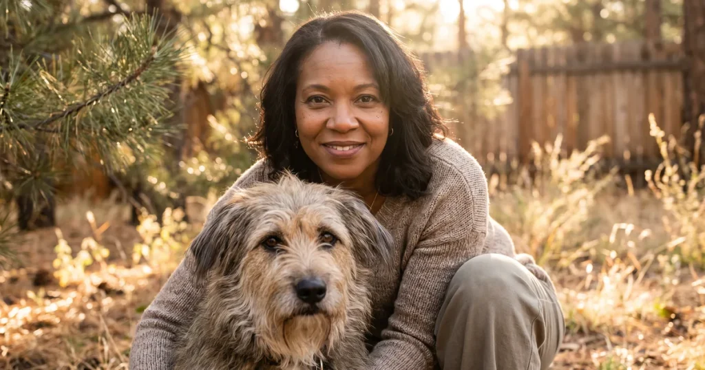 A woman smiles warmly beside her dog in the pines, finding renewed connection after SPRAVATO for treatment-resistant depression in Flagstaff, AZ.