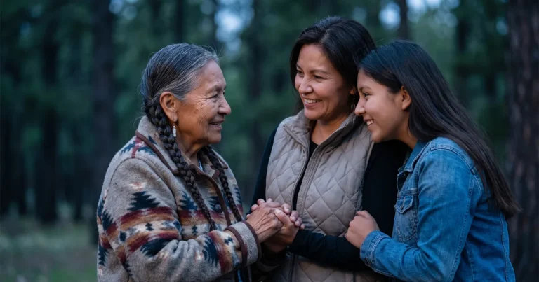 Three generations of women clasp hands and smile together at dusk in the forest, reflecting the family support built into a safety plan for suicidal ideation in Flagstaff, AZ.
